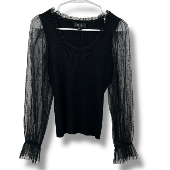 NEW BCX Black Mesh Clip Dot Top Size Small Long Sleeve Ruffle Polka Dot Ribbed - Picture 5 of 10